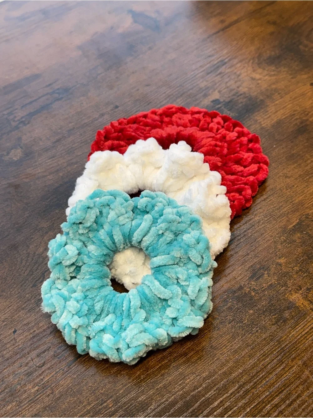 Hand Made Plush Scrunchie Trio in Teal, White, and Red